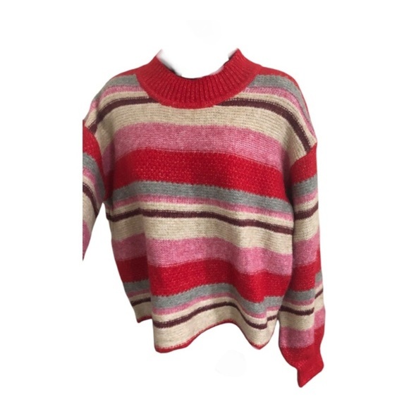 Jessica Simpson pink multi‎ striped fuzzy high crewneck sweater size small new - Picture 9 of 15